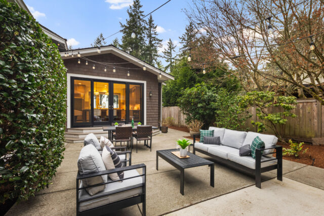 Beautifully staged outdoor patio space on Mercer Island home