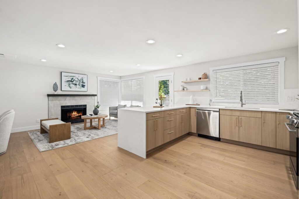 Kitchen open to the living room in a staged Redmond home