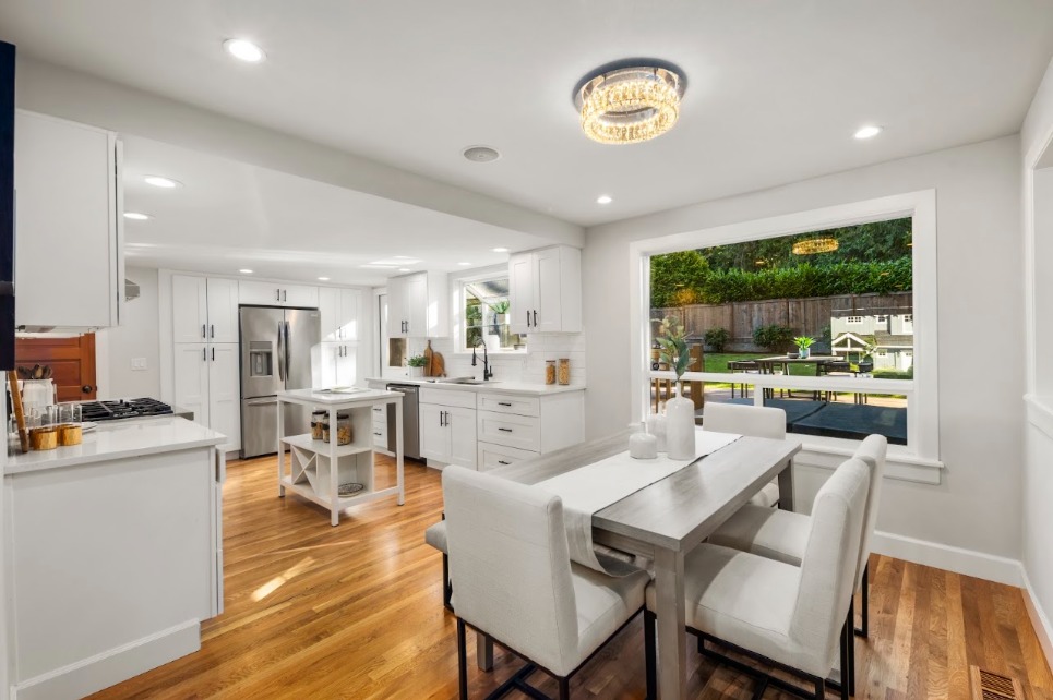 Staged dining room and kitchen at the Kirkland home that sold in one day